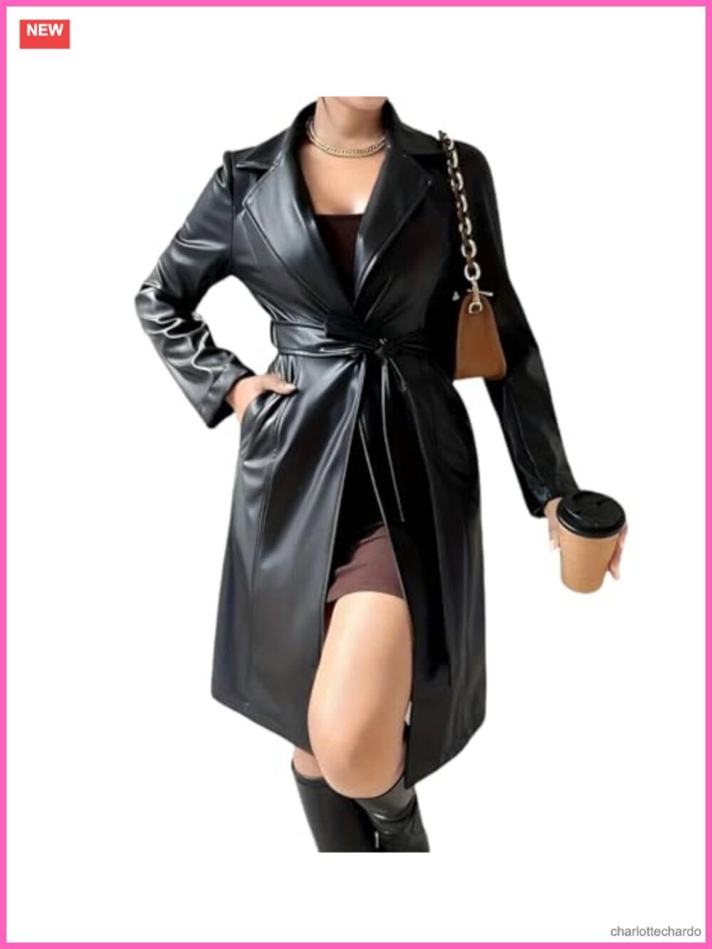 Women's PU Faux Leather Trench Coat Long Belted Motorcycle Biker Jacket